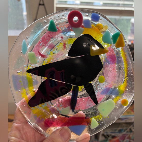 Crow“ Fused Art Glass Round Clear Design Original Handmade 7” Plate - Picture 2 of 10